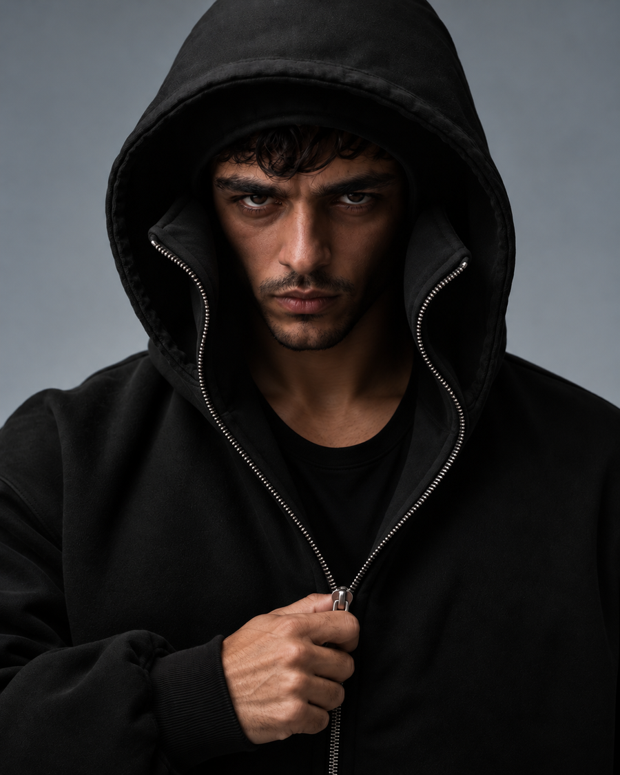Sweat cagoule Phantom noir SWAVV porté cagoule ouverte, zip ouvert, visage dégagé