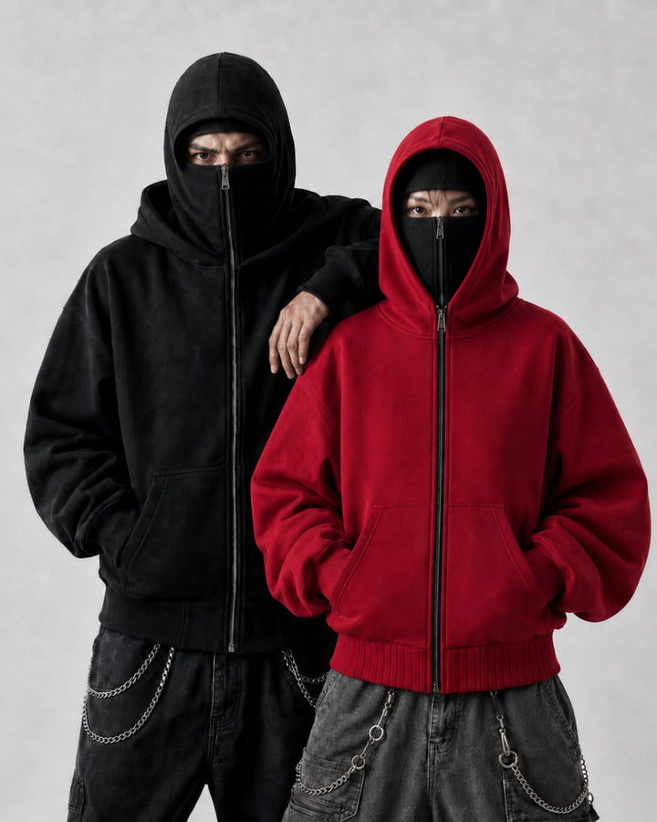 Sweats cagoule Phantom noir et rouge SWAVV portés de face